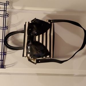 Betsey Johnson Bone/BLK Striped Satchel with Black Patent Leather Bow